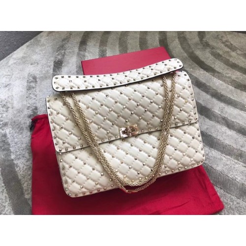 VALENTINO Grand sac à bandoulière en cuir matelassé Spike 0027 blanc
