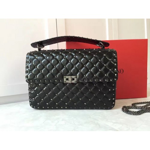 VALENTINO Grand sac à bandoulière en cuir matelassé Spike A0327 noir