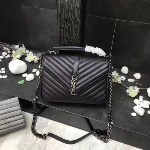 YSL Classic Monogramme Sac à rabat en cuir noir Y392737 Argent