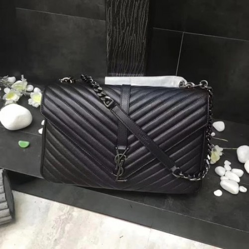 YSL Classic Monogramme Sac à rabat en cuir noir Y392738 Argent