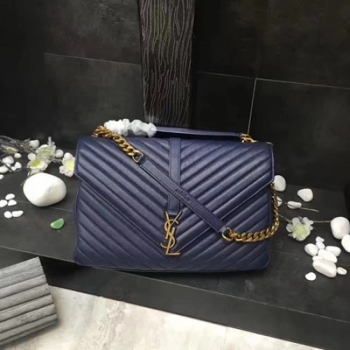YSL Classic Monogramme Sac à rabat en cuir bleu Y392738 Doré
