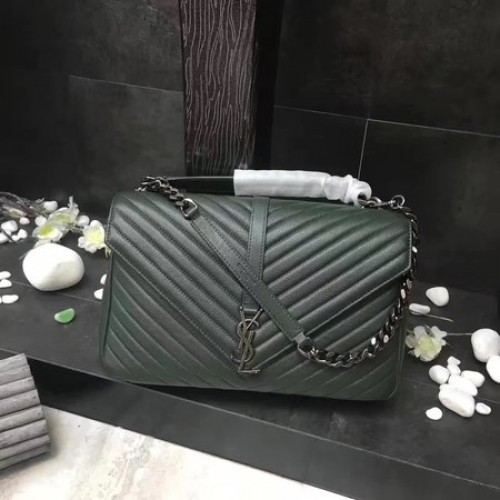 YSL Classic Monogramme Sac à rabat en cuir vert Y392738 Argent
