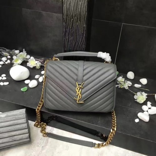 YSL Classic Monogramme Sac à rabat en cuir gris Y392737 Or