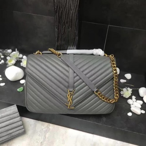 YSL Classic Monogramme Sac à rabat en cuir gris Y392738 Or