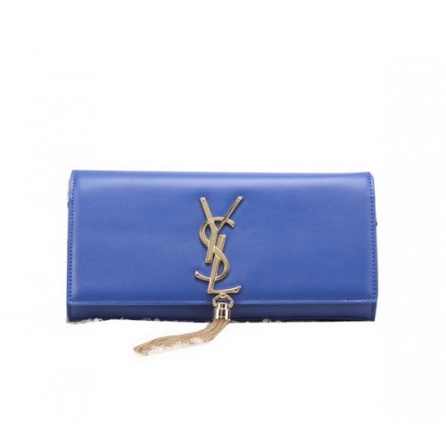 YSL Classic Monogramme Tassel Pochette en cuir lisse Y8908 Bleu