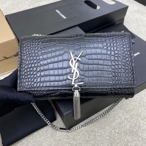 YSL KATE MEDIUM AVEC GLAND EN CUIR BRILLANT ESTAMPÉ CROCODILE B377829 noir