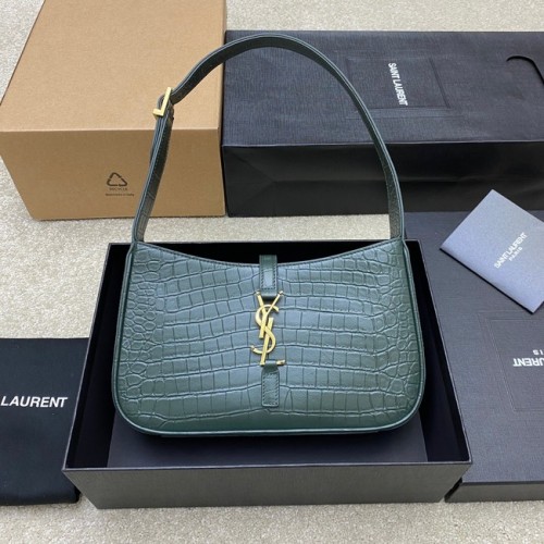 YSL SAC HOBO LE 5 A 7 EN CUIR BRILLANT EMBOSSÉ CROCODILE Y687228 vert noirâtre