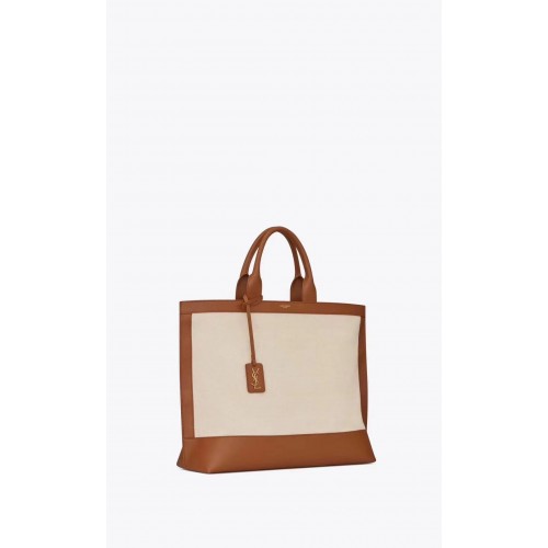 Yves Saint Laurent SHOPPING TAG EN TOILE ET CUIR Y615719 marron&blanc