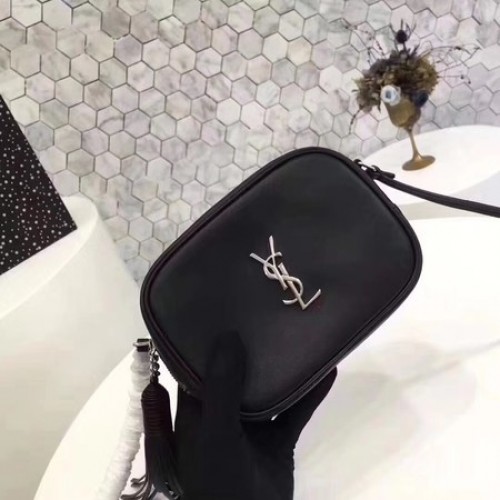 Yves Saint Laurent Sac à bandoulière en cuir de veau 5804 Noir et argent