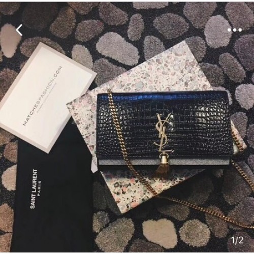 Yves Saint Laurent Crocodile Leather Shoulder Bag 1456 Black&Gold