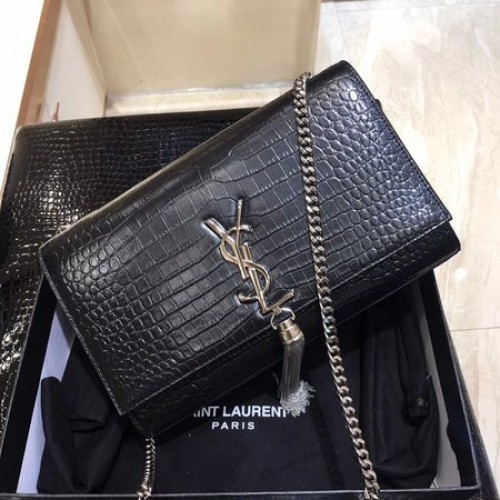 Yves Saint Laurent Sac à bandoulière en cuir de crocodile 1456 Noir et argent
