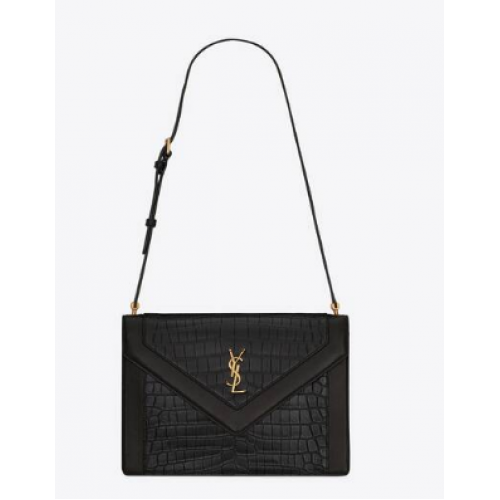 Yves Saint Laurent GABY SATCHEL EN CUIR LAQUÉ EMBOSSÉ CROCODILE ET AGNEAU 695724 noir