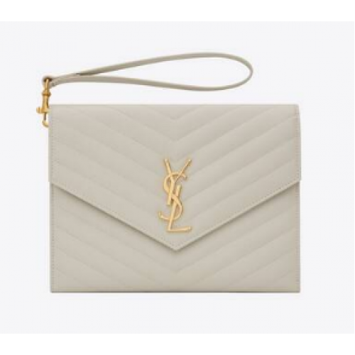Yves Saint Laurent POCHETTE MONOGRAMME EN CUIR EMBOSSÉ GRAIN DE POUDRE MATELASSÉ 617662 blanc