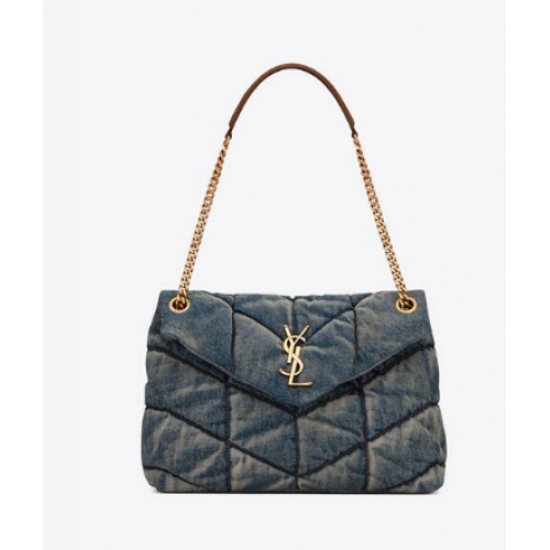 Yves Saint Laurent SAC MOYEN PUFFER EN DENIM ET DAIM VINTAGE 577475 Bleu