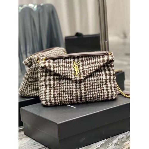 Yves Saint Laurent PETIT SAC PUFFER EN TWEED À CARREAUX ET CUIR D'AGNEAU Y597476 BEIGE