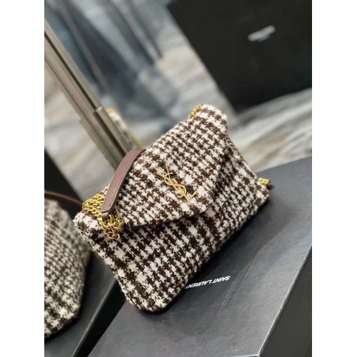 Yves Saint Laurent PETIT SAC PUFFER EN TWEED À CARREAUX ET CUIR D'AGNEAU Y597477 BEIGE