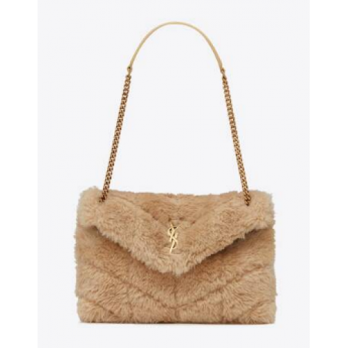 Yves Saint Laurent SAC PUFFER EN SHEARLING MÉRINOS ET CUIR D'AGNEAU 179540 BEIGE NATUREL