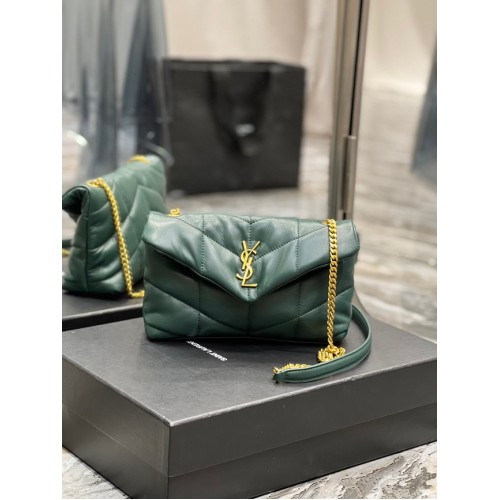 Yves Saint Laurent PETIT SAC À CHAÎNE PUFFER EN CUIR D'AGNEAU MATELASSÉ 620333 vert noirâtre