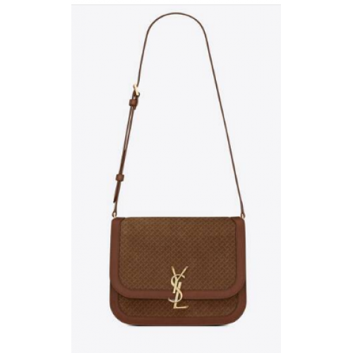 Yves Saint Laurent SOLFERINO MEDIUM SATCHEL EN CUIR ET IMPRIMÉ DAIM TRESSÉ 02525 MARRON CLAIR