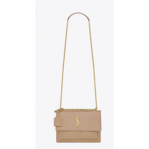 Yves Saint Laurent SAC À CHAÎNE MOYEN SUNSET EN CUIR BRILLANT EMBOSSÉ CROCODILE 442906 BEIGE FONCÉ