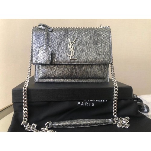 Yves Saint Laurent PETIT SAC CHAÎNE SUNSET EN CUIR ESTAMPÉ ÉCAILLES BRILLANT Y544296 argent