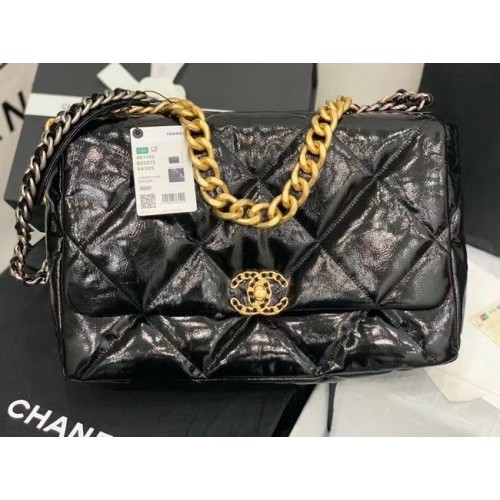 chanel 19 grand sac à rabat Peau cirée AS1162 noir