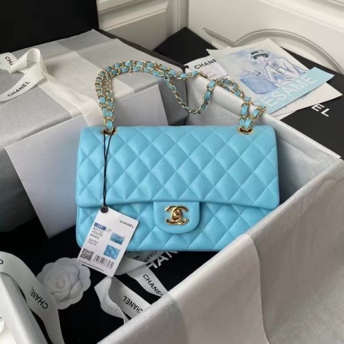 sac à main chanel classique Agneau métal doré A01112 bleu clair