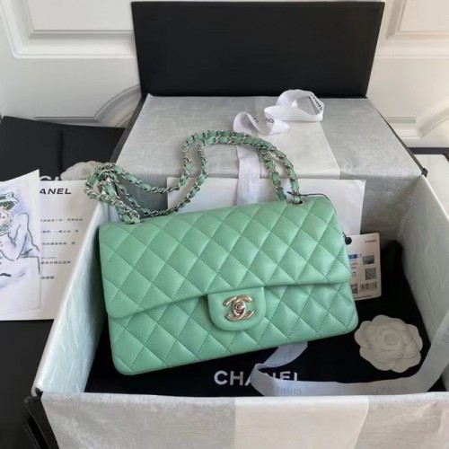 sac à main chanel classique Agneau métal argenté A01112 vert clair
