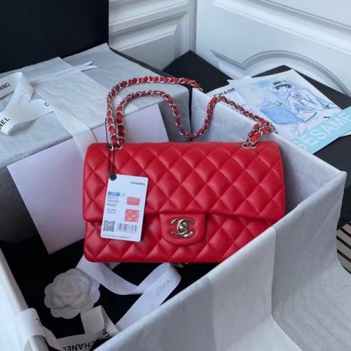 chanel sac à main classique Agneau métal argenté A01112 rouge