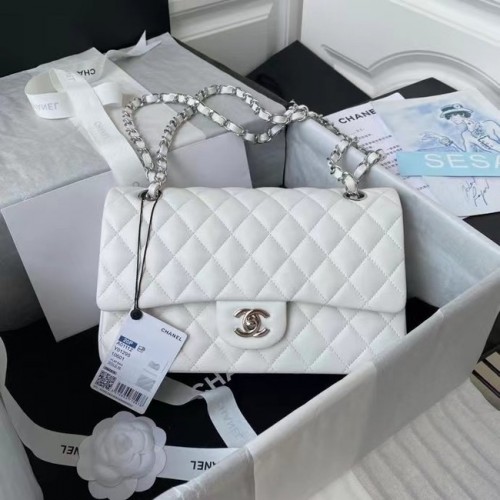 chanel sac à main classique Agneau métal argenté A01112 blanc