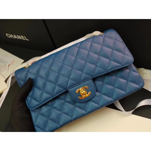 chanel sac à rabat Cuir de veau grainé irisé&doré AS1112 bleu