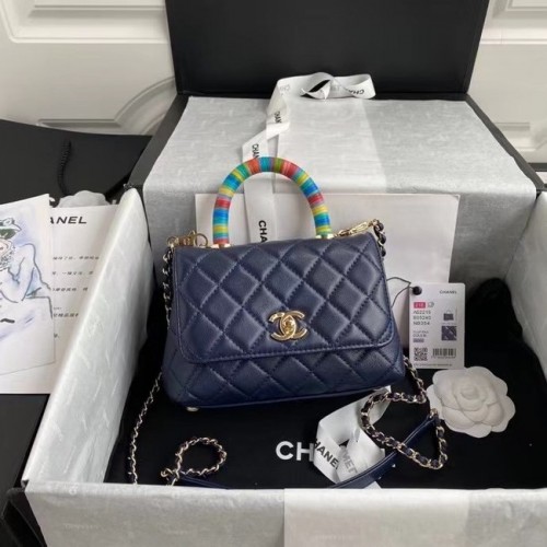 mini sac à rabat chanel avec poignée supérieure AS2215 Bleu marine