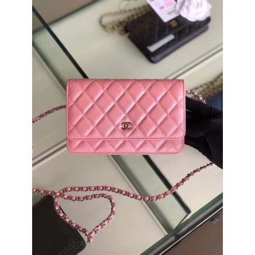 Chanel portefeuille classique sur chaîne Cuir de veau grainé Métal argenté 33814 Rose nacré